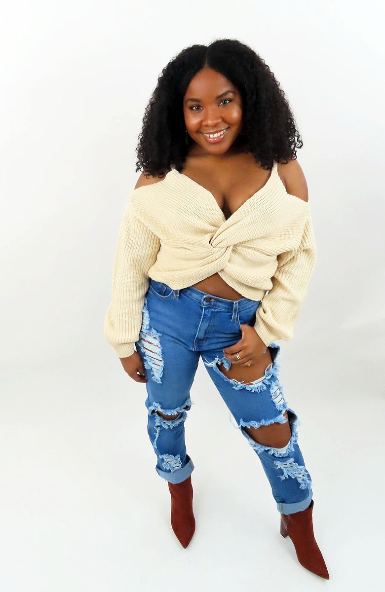 Effortlessly Chic Cold Shoulder Cropped Sweater - Cold Shoulder Sweater -  Chunky Knit Sweater – Dare To Be Chic